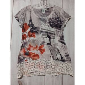 Ransom Shirt Ladies Medium Gray Red Floral Short Sleeve Paris Embellished Lace T